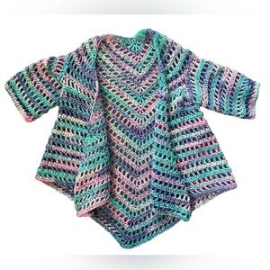 Handmade Crochet Pink Purple Green Hippie High Low Open Face Cardigan Sweater